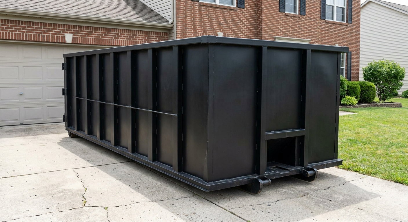 Matte-black 20-yard roll-off container on a Tacoma residential concrete driveway with reinforced ribbed steel sidewalls and a hinged rear walk-in door, clean bright daylight.