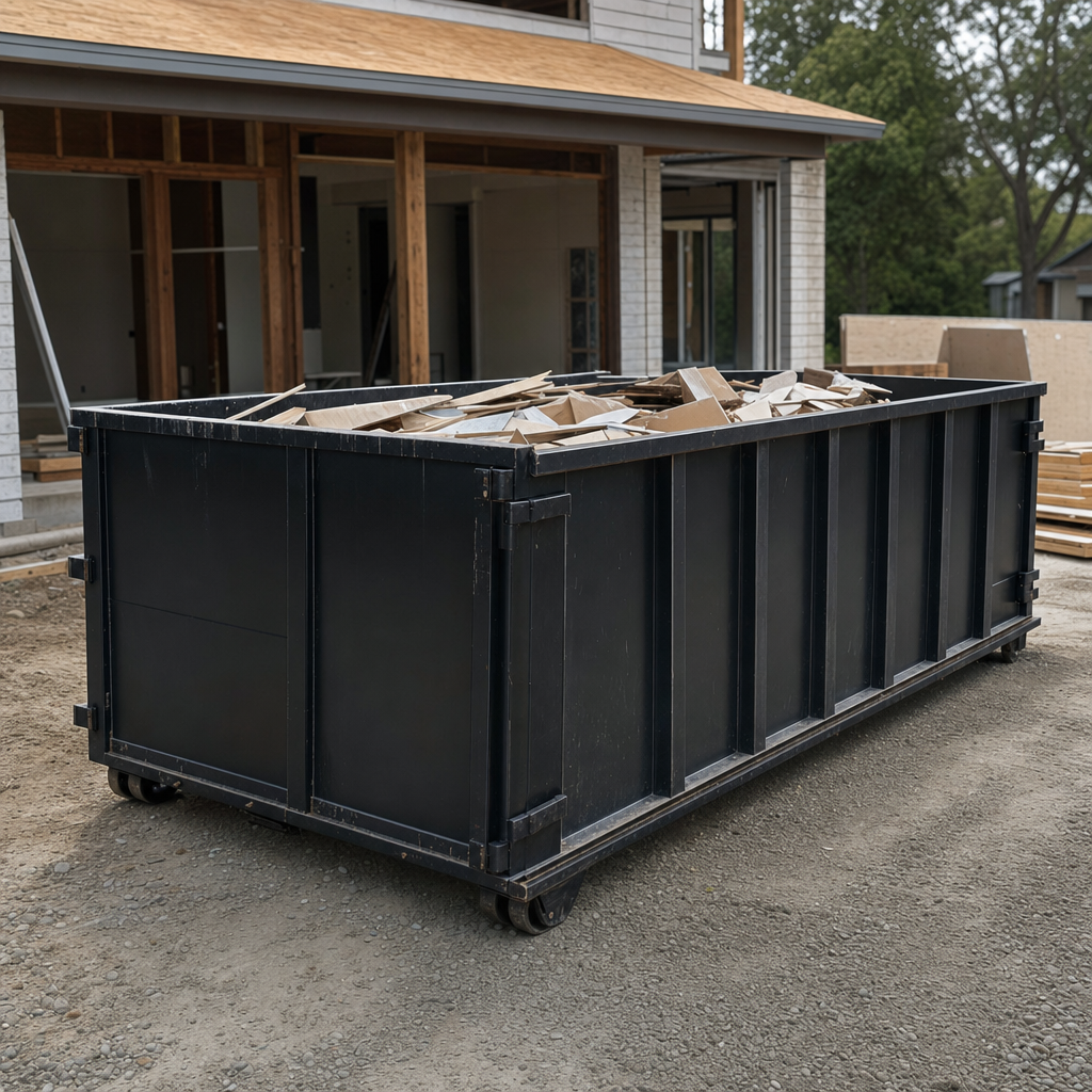 Large matte-black 30-yard construction roll-off dumpster at an active Tacoma jobsite, steel-gray top rails and bottom rollers visible, loaded with construction debris.