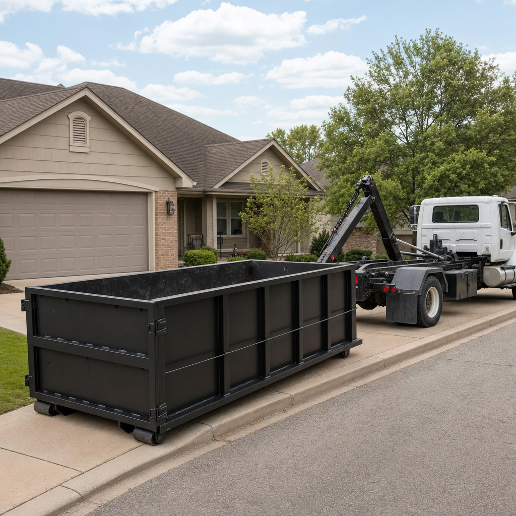 Wide documentary shot of a matte-black roll-off dumpster on a Tacoma residential driveway in the foreground and a contractor jobsite container in the soft-focus background, bright daylight, calm and orderly composition.