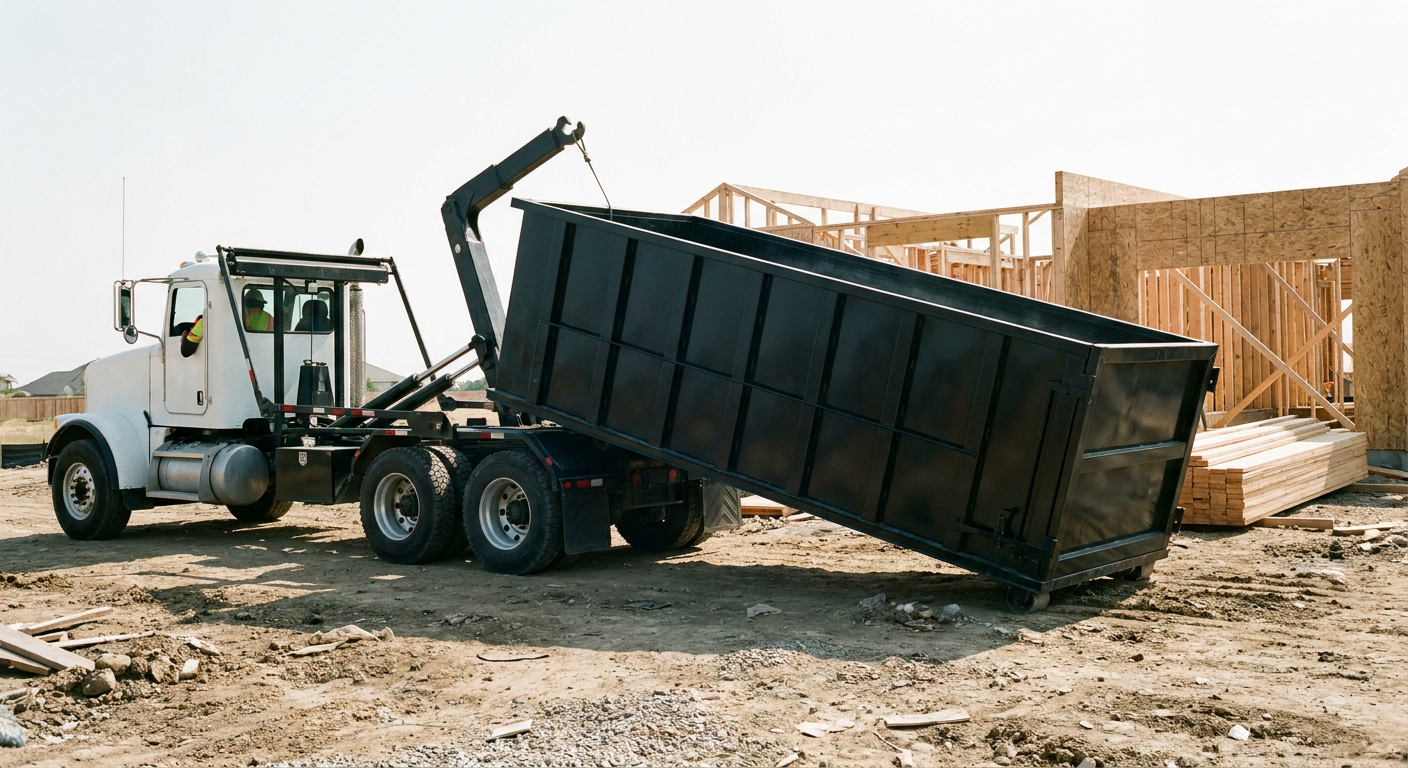 Matte-black roll-off dumpster being delivered onto a clean residential concrete driveway in Tacoma by an unmarked white hooklift hauler truck, bright morning daylight, documentary 35mm perspective.